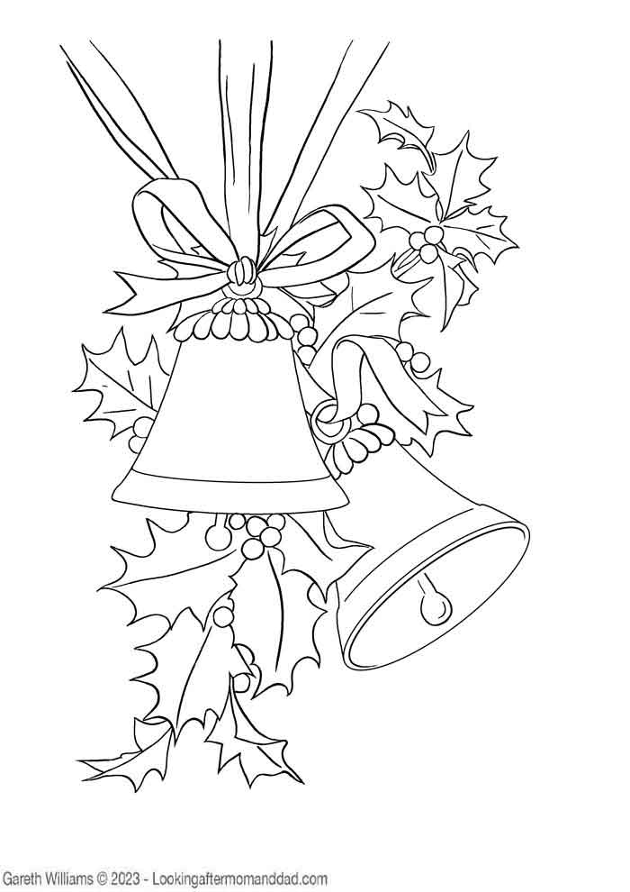 Christmas Bells, Holly And Ribbons Coloring Page