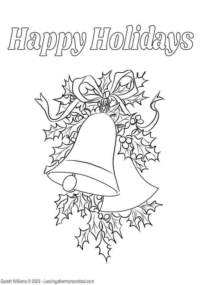 Happy Holidays Bells And Holly Coloring Page