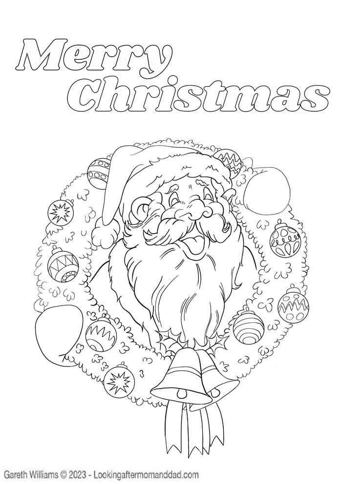 Merry Christmas Santa Wreath Coloring Page