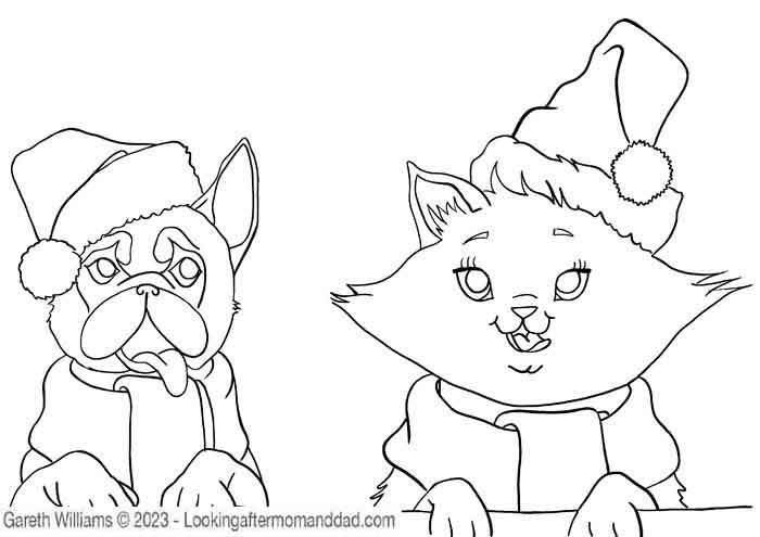 Christmas Kitten & French Bulldog Coloring Page