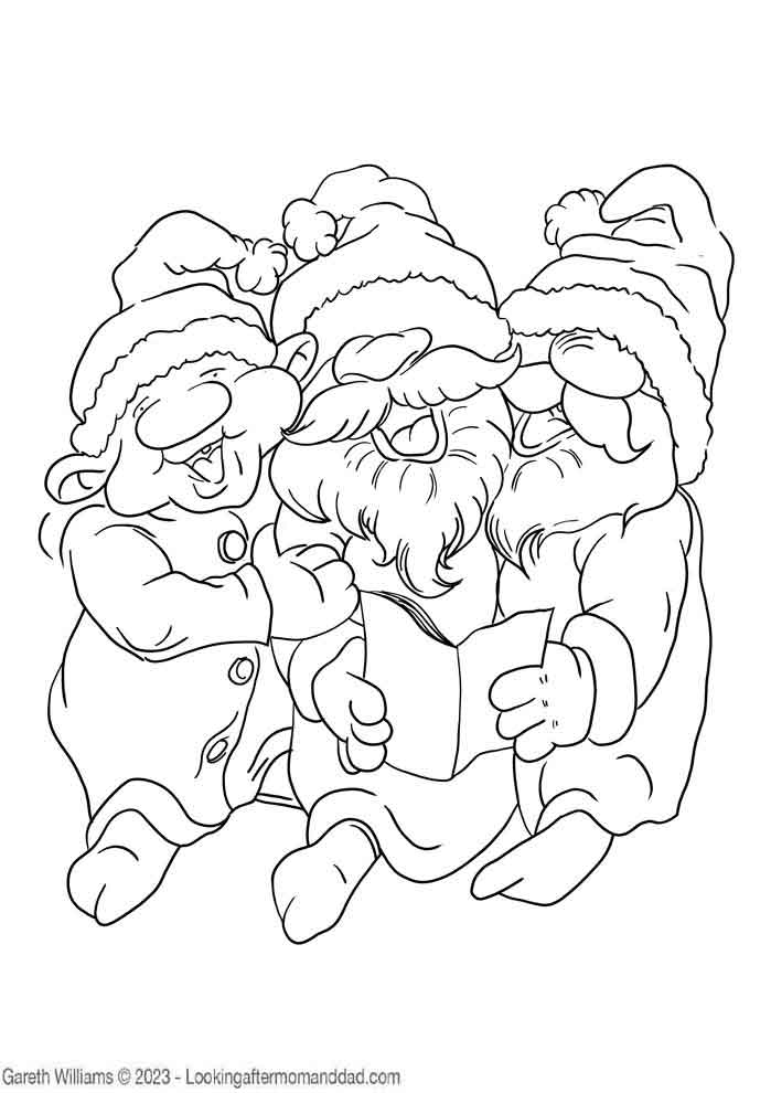 Three Dwarfs Singing Christmas Carols Coloring Page